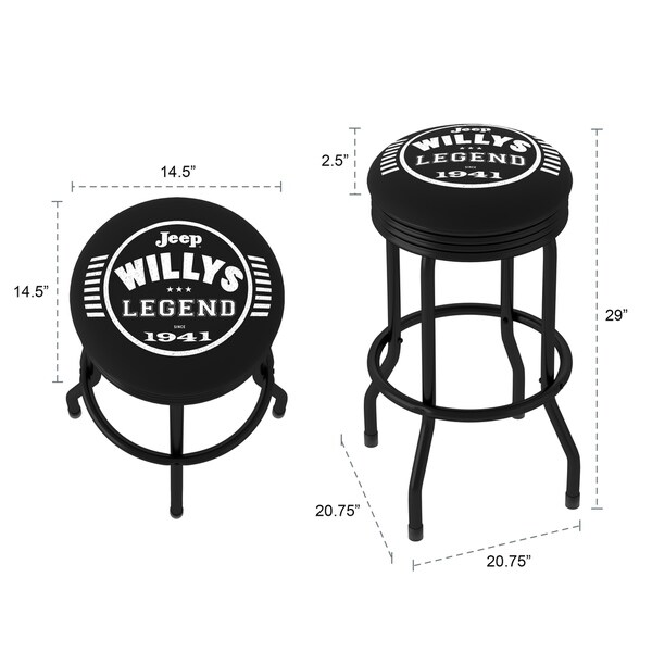 Jeep Willys Legend 360 Degree Swivel Black Barstool with Foam Padded Seat - 20.75 x 20.75 x 29