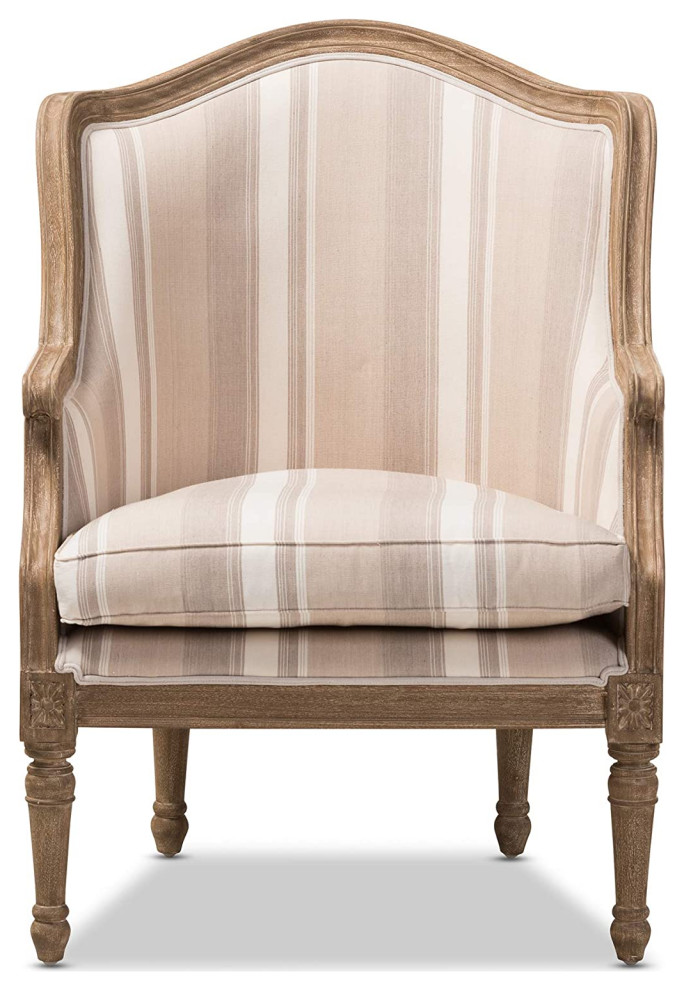 Striped Charlemagne Traditional French Accent Chair  Oak Brown  Set of 2   Farmhouse   Armchairs And Accent Chairs   by VirVentures  Houzz