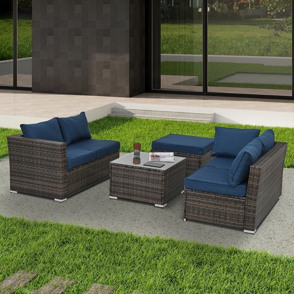 4Piece Patio Conversation Wicker Furniture Set，Sectional Sofa Set with Tempered Glass Coffee Table，Sofa Chair and Ottoman Sets