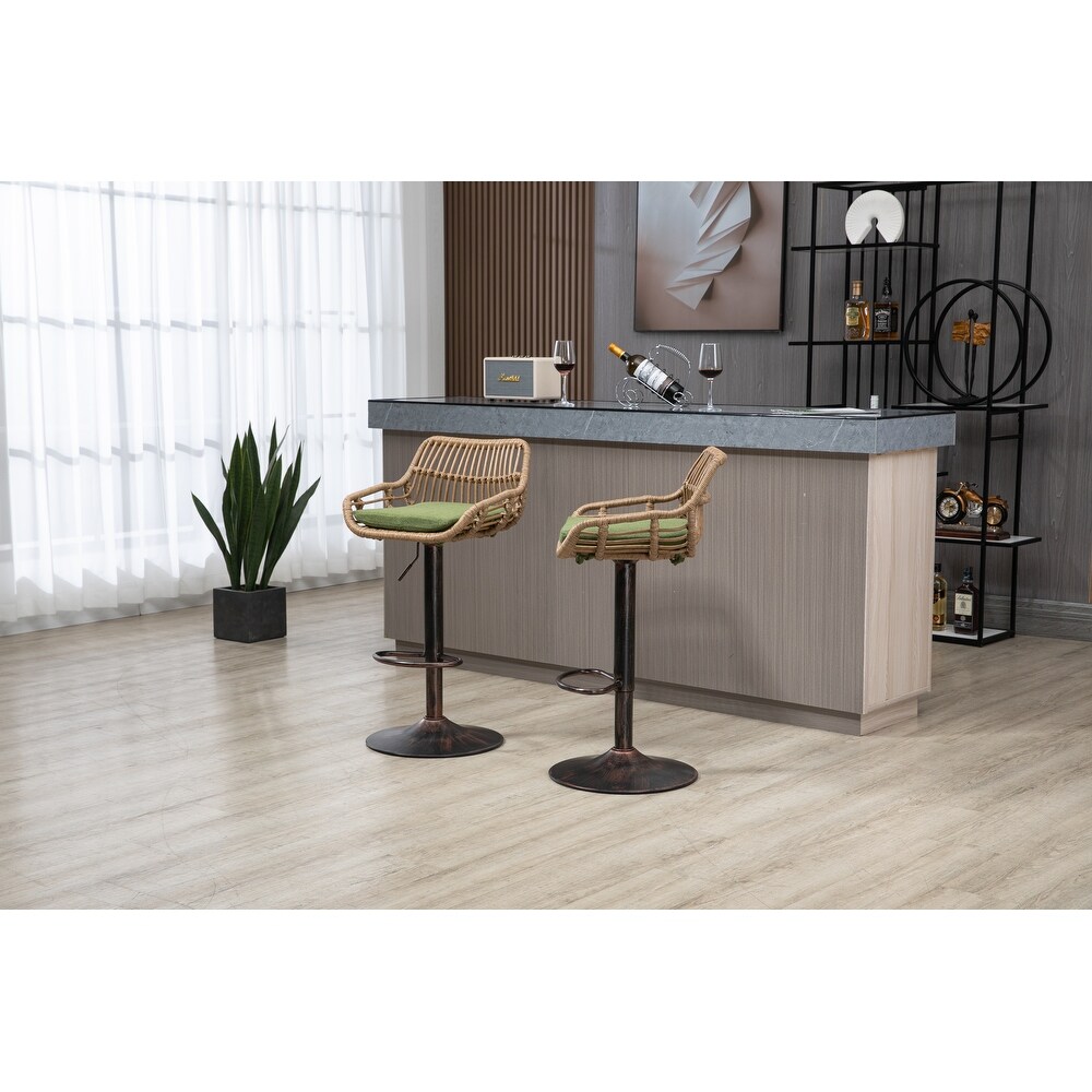 Bar Stools Set of 2 Adjustable Counter Height Dining Chairs  360掳 Swivel Bar Chairs with Rattan Back Linen Cushion   Footrest