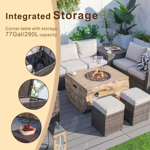 7piece Patio Wicker Garden Chat Sofa Set with Fire Pit and Storage Box