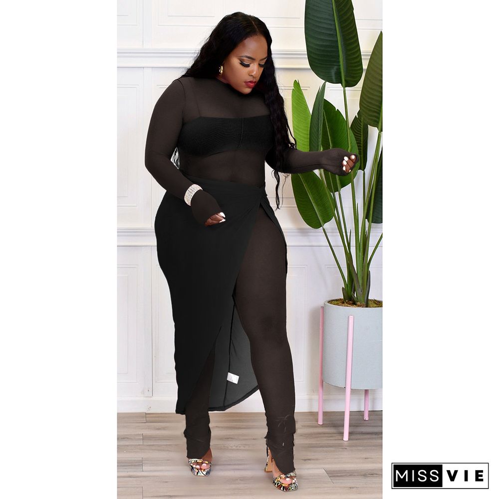 Sheer Mesh Long Sleeve Jumpsuit Cover Up Skirt Sets