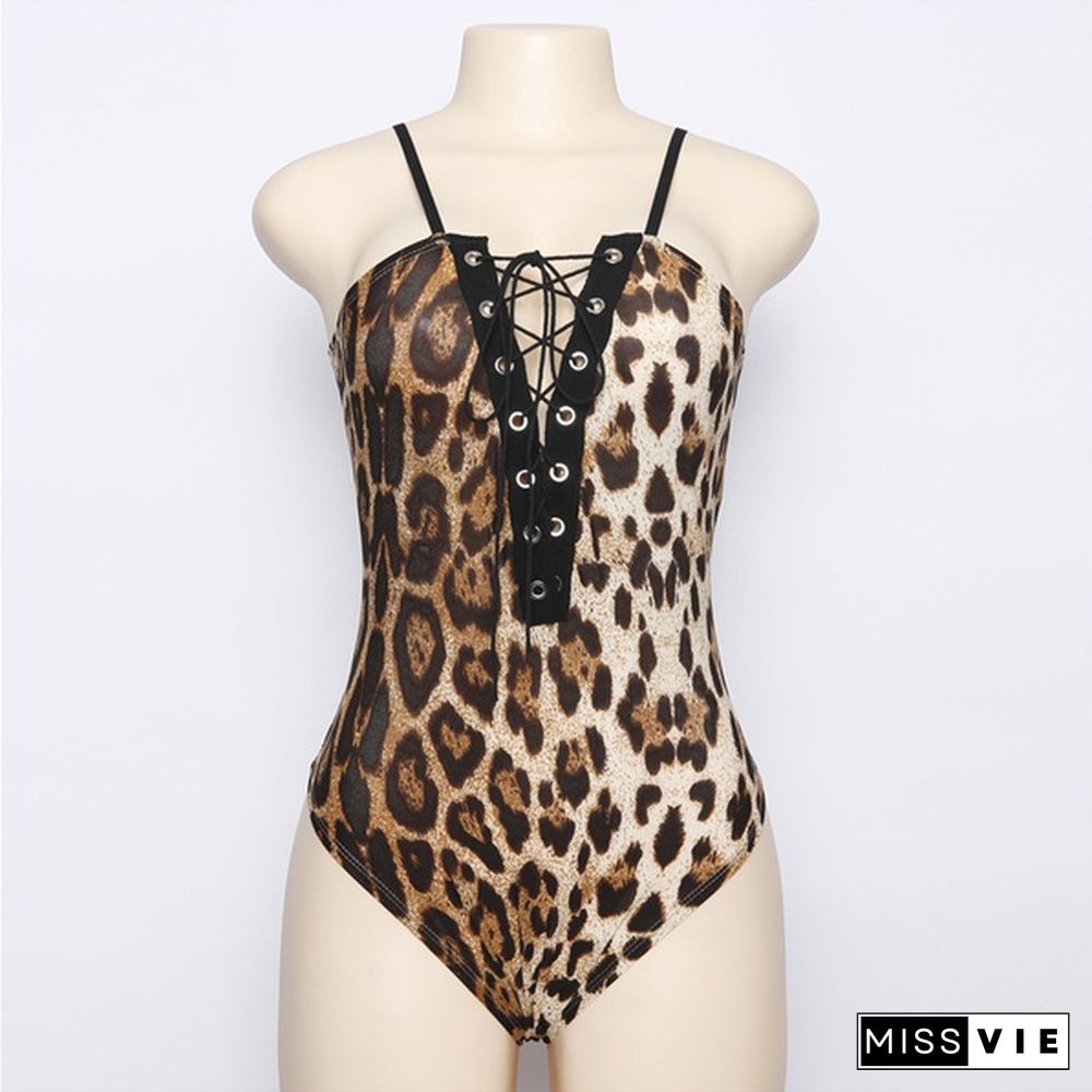 Deep V-Neck Bodysuits Jumpsuits Women Leopard Printed Sleeveless Short Rompers Club Wear