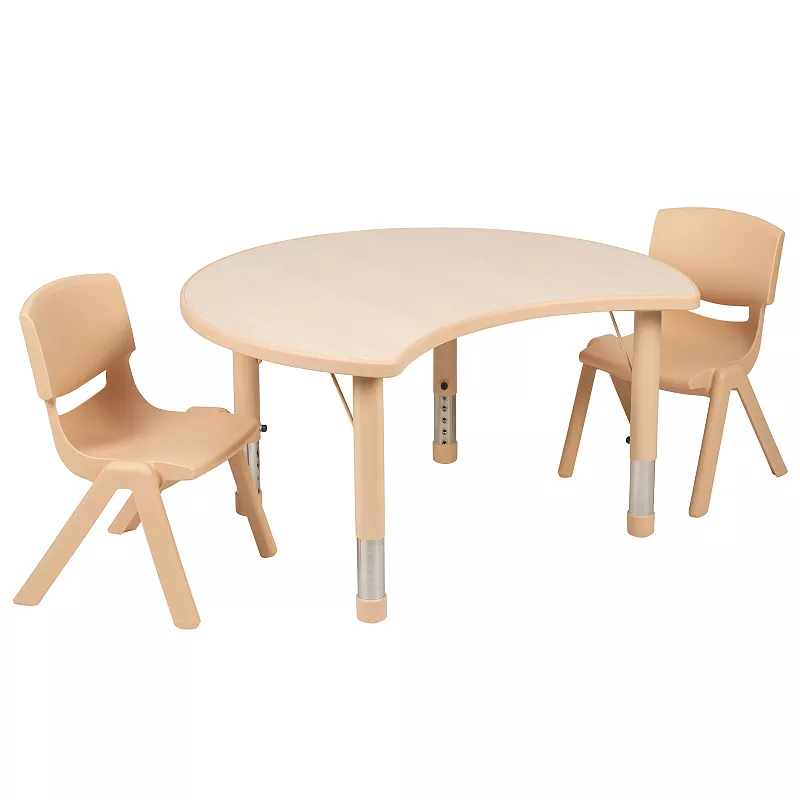 Emma and Oliver 25.125W x 35.5L Crescent Natural Plastic Adjustable Kids Table Set - 2 Chairs