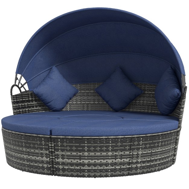 Outsunny Round Daybed 4 piece Cushioned Outdoor Rattan Wicker Sunbed Or Conversational Sofa Set With Sun Canopy