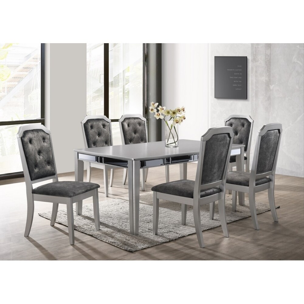 GTU Furniture Set for 6 Mirror Trim Rectangular Dining Table with Luxurious Button Chair in Grey/Silver or Champagne