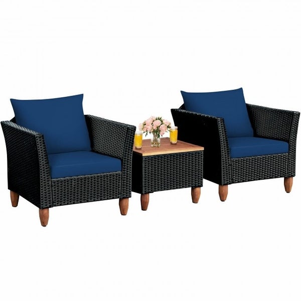 3 Pcs Outdoor Patio Rattan Furniture Set Wooden Table Top Cushioned Sofa - 29