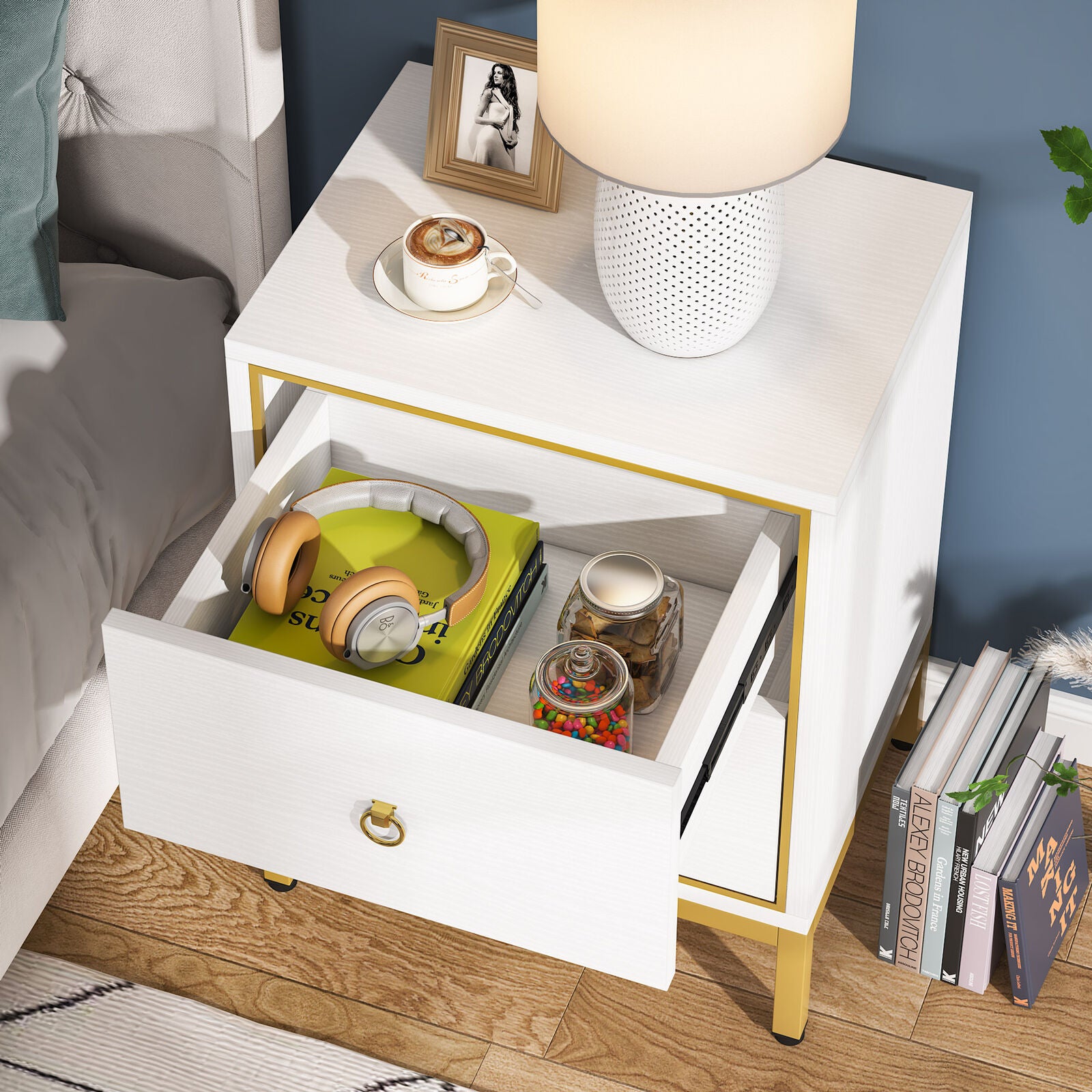 Tribesigns Nightstand with 2 Drawers, White + Gold Bedside End Table for Bedroom, Living Room