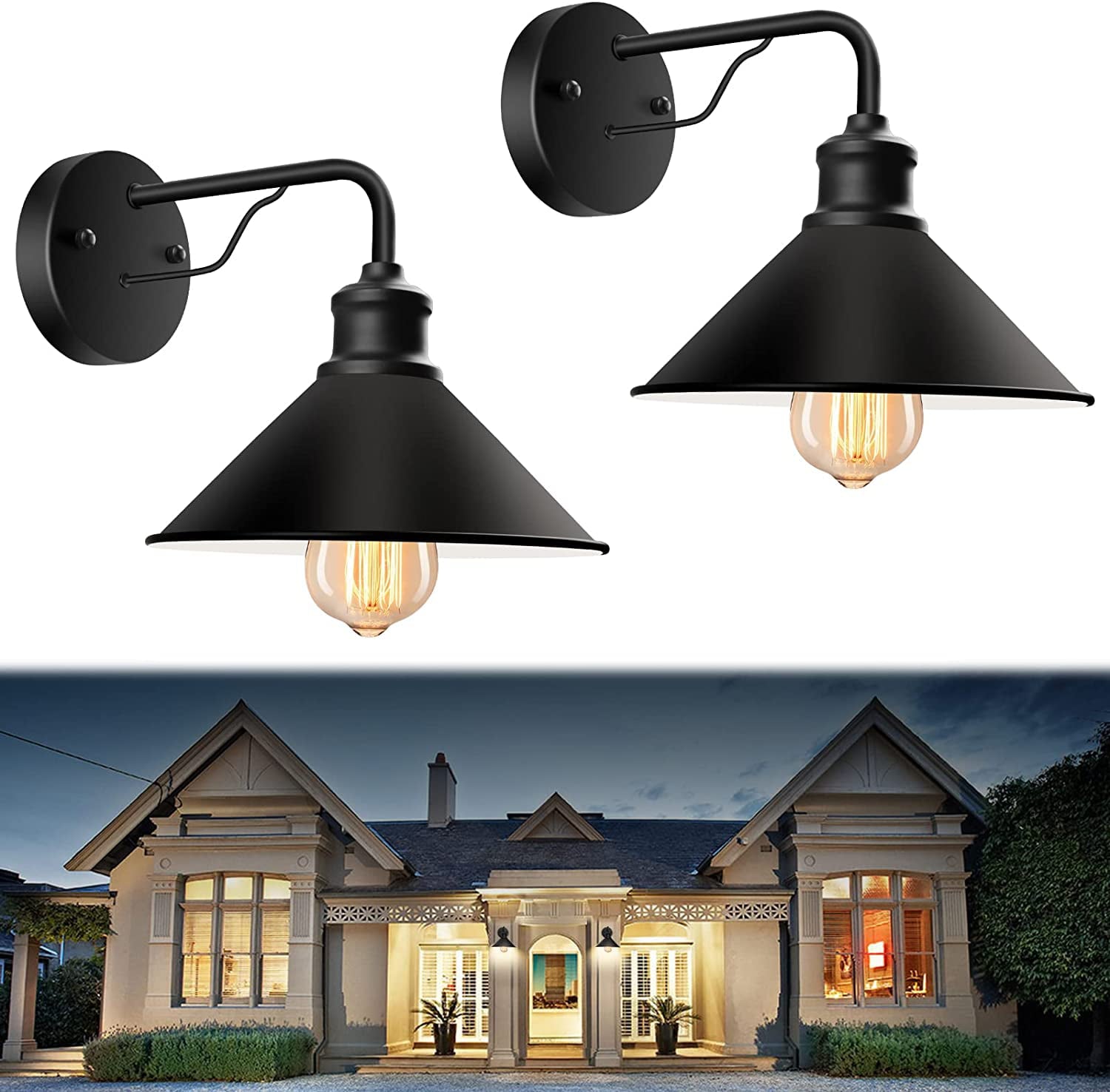 Outdoor Wall Sconce Lighting Fixture Set of Two, Farmhouse Wall Lamp Wall Mount Security Light, Matte Black Anti-Rust Exterior Porch Lights, for House Garden Patio Garage Yard Entryways