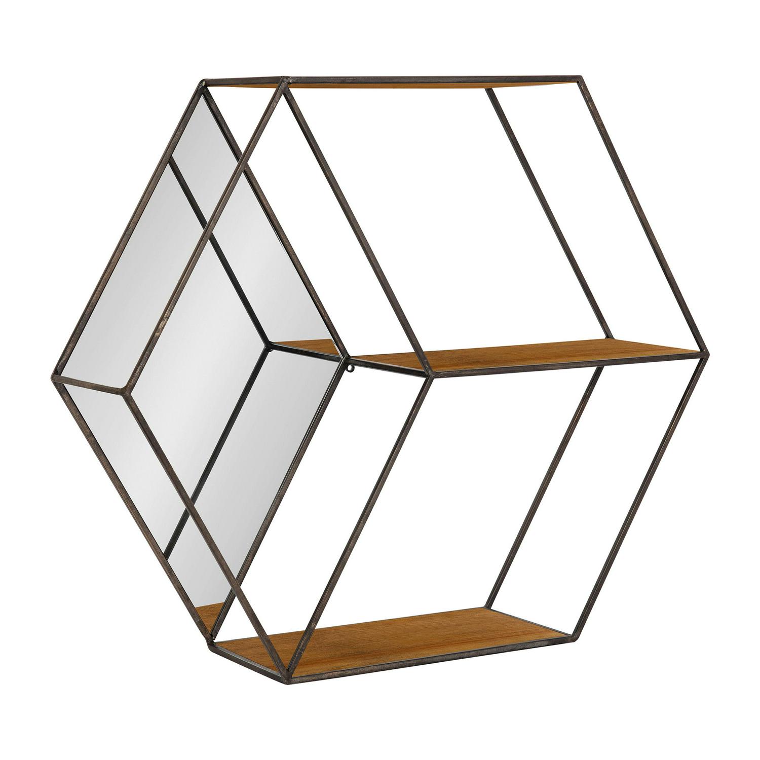 Kate and Laurel Lintz Modern Hexagon Floating Wall Shelves with Mirror， Black Metal Frame with Rustic Brown Shelves