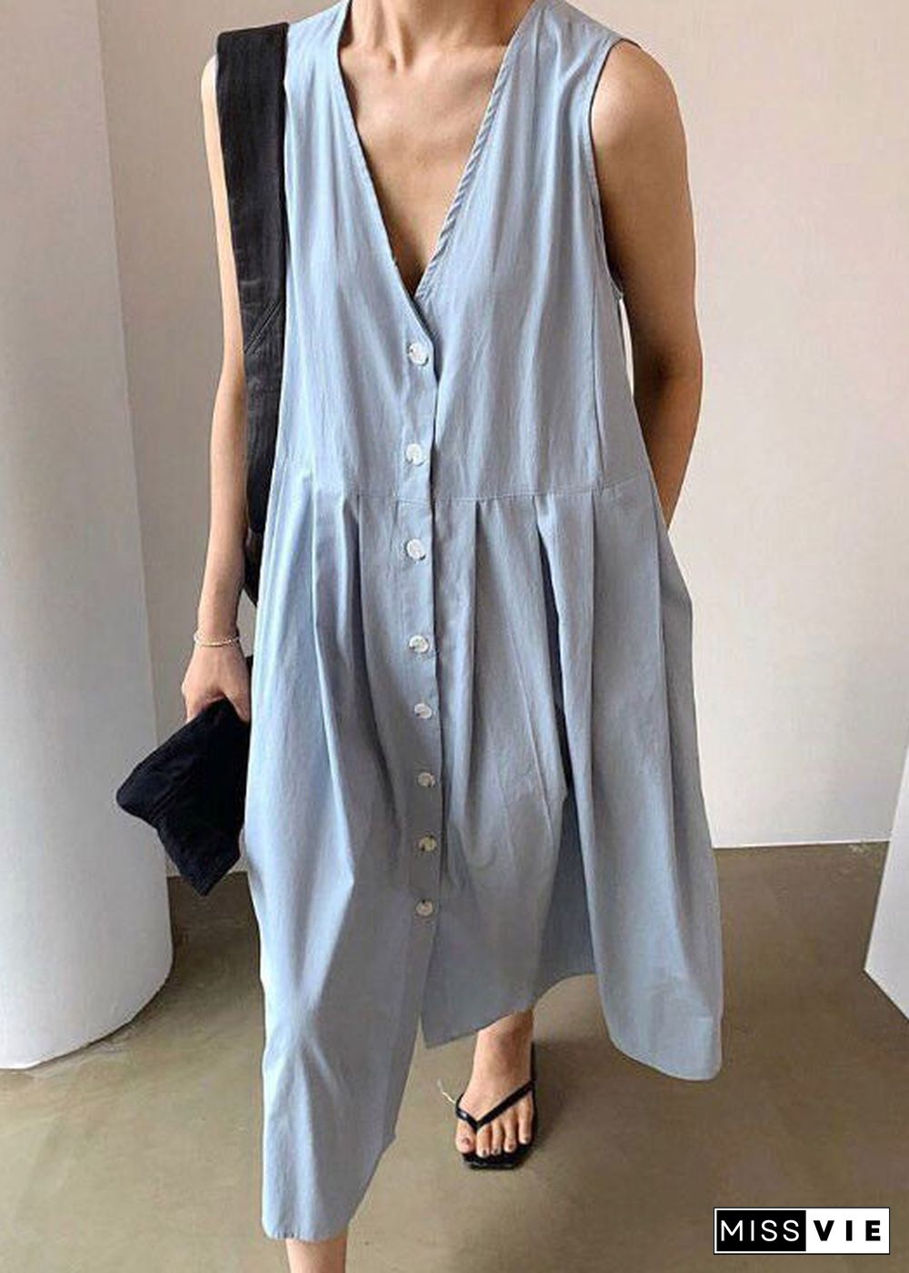 Blue V Neck Patchwork Cotton Maxi Dresses Summer