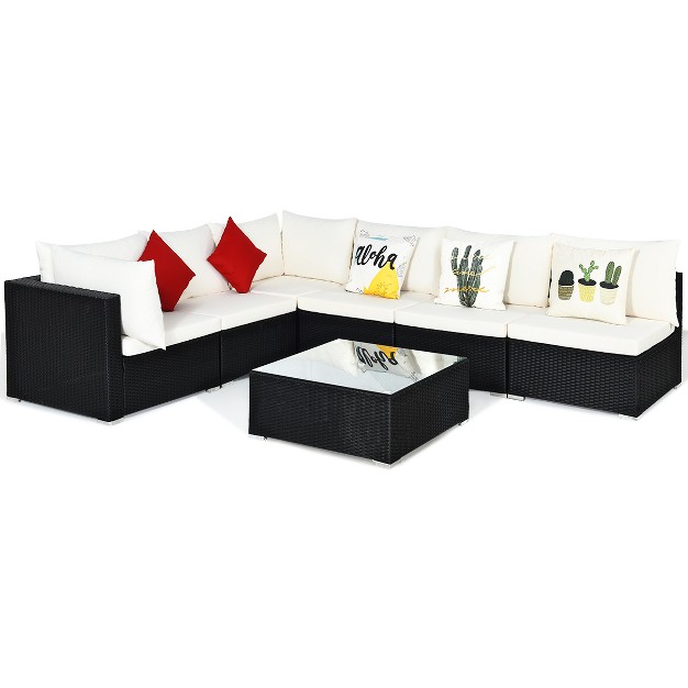 Costway 7pcs Patio Rattan Furniture Set Sectional Sofa Cushioned Glass Table Steel Frame