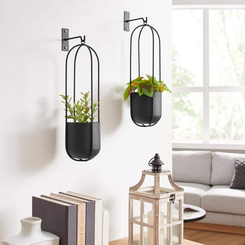 DANYA B Walter 2-Piece Modern Black Metal Oval Hanging Planter Set with Chain Hanging Option SE24396