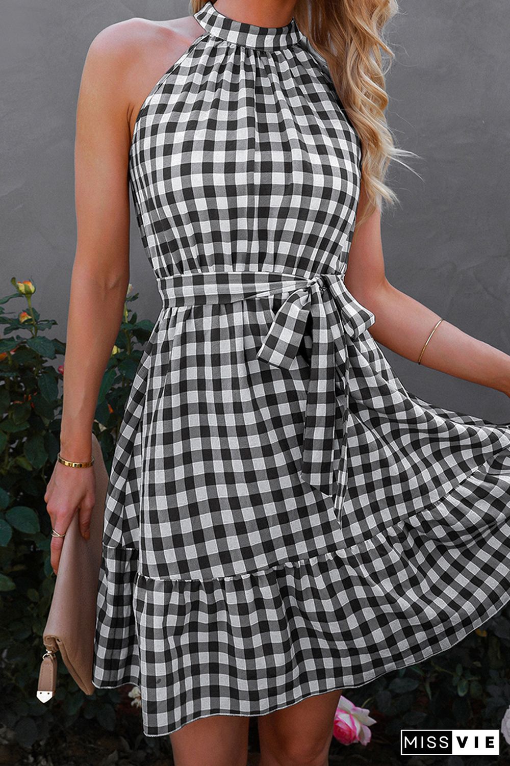 Halter Sleeveless Plaid Midi Dress Wholesale