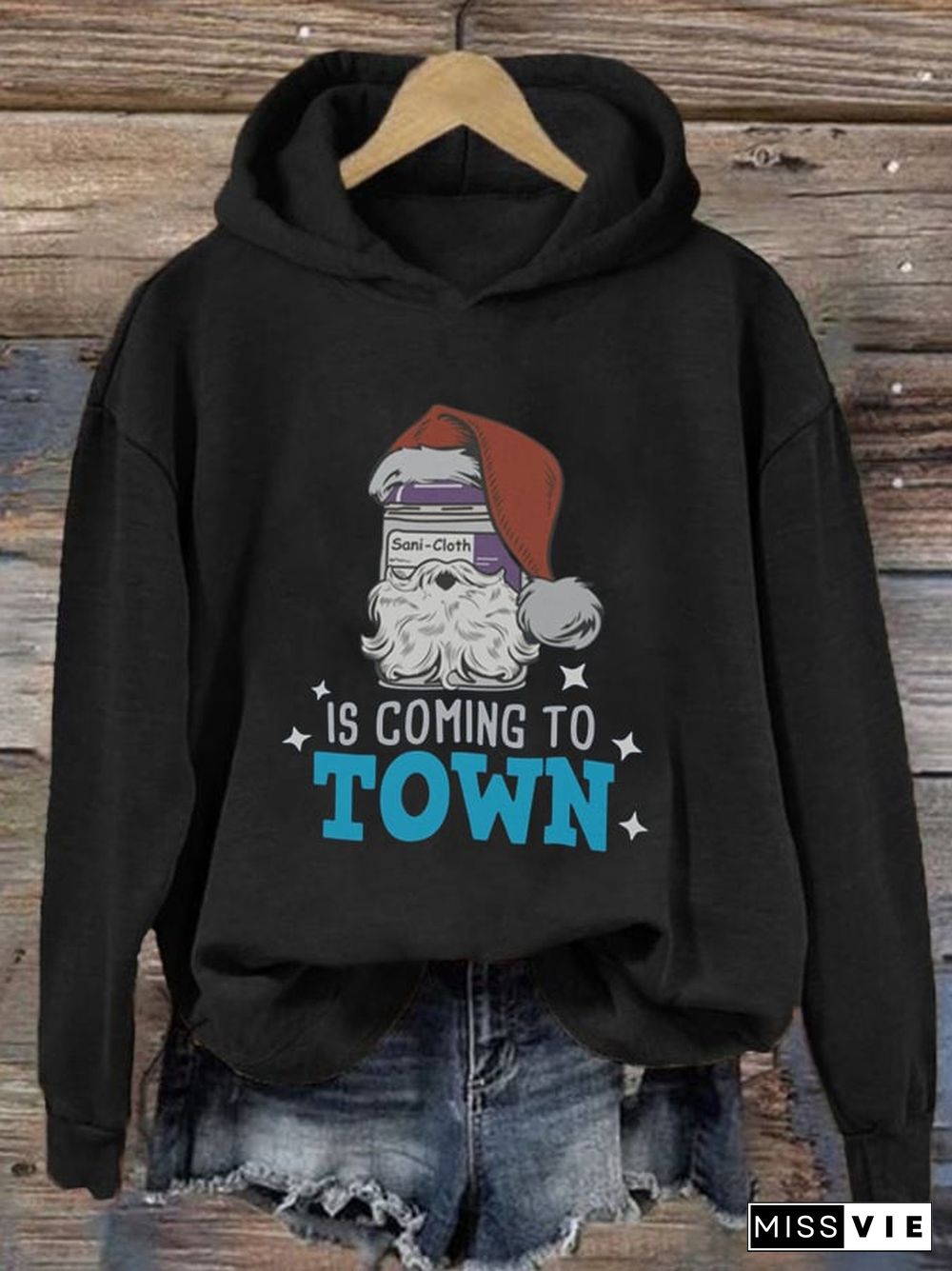 Women's Santa's Coming to Town Print Casual Long Sleeve Hoodie