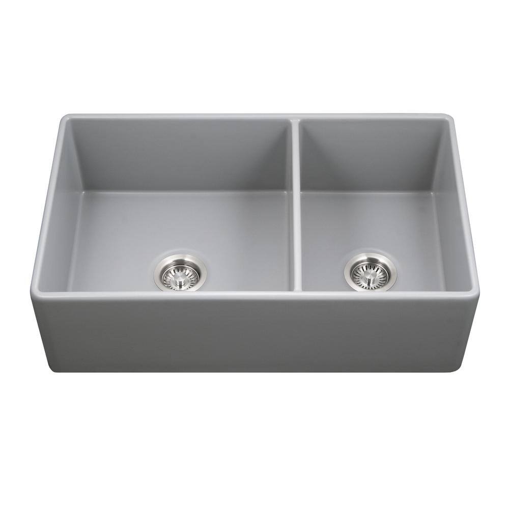 HOUZER Grey Fireclay 33 in. Double Bowl Farmhouse Apron Front Kitchen Sink PTD-6040 GR