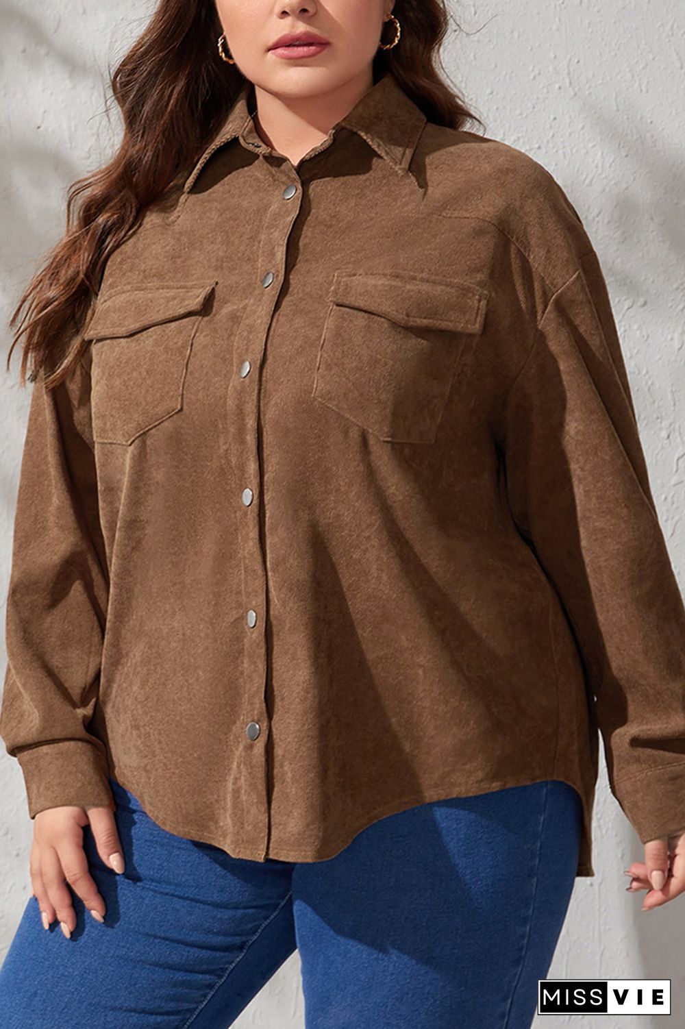 Brown Plus Size Pockets Corduroy Shirt Coat