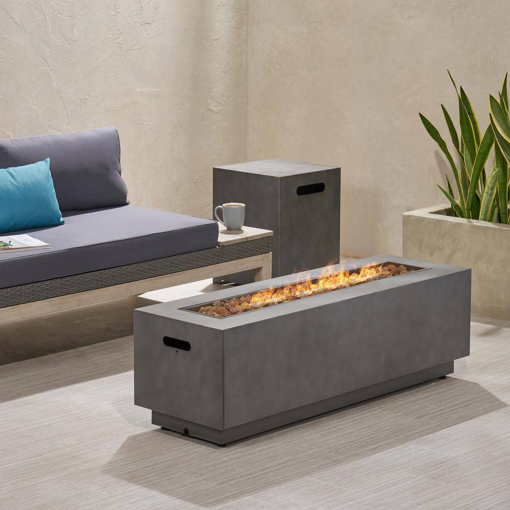 Noble House Wellington 15.25 in. x 19.75 in. Rectangular Concrete Propane Fire Pit in Dark Grey with Tank Holder 70377