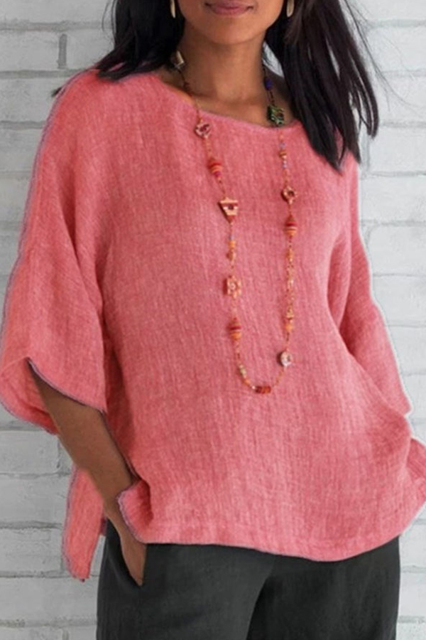 Casual Round Neck Three Quarter Sleeve Plain Blouse