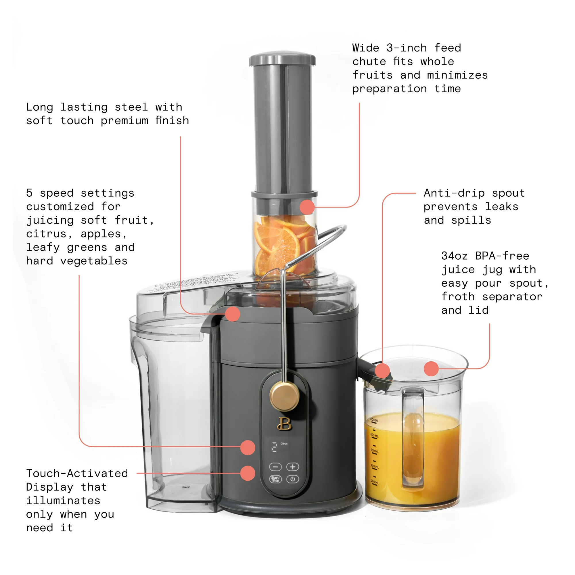 Beautiful 5-Speed Juice Extractor with Touch Activated Display， Oyster Grey， by Drew Barrymore