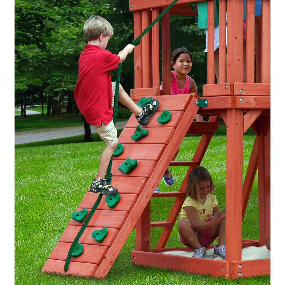 Gorilla Playsets Double Down II Wooden Outdoor Playset with 2 Wave Slides Rock Wall Sandbox and Backyard Swing Set Accessories 01-0036