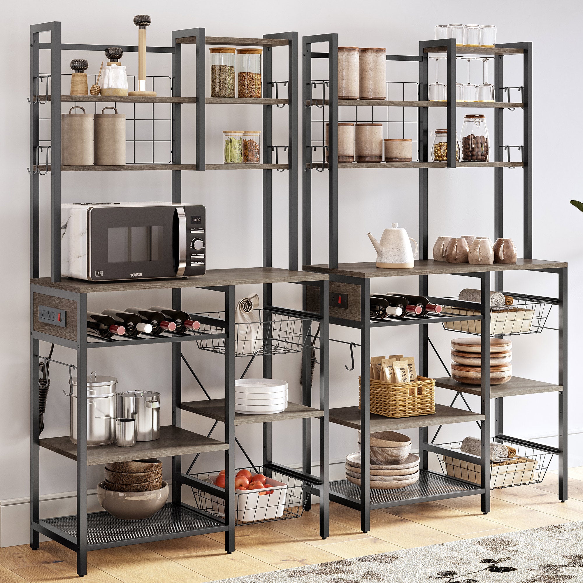 BELLEZE Bakers Rack with Power Strip， Storage Shelves， Standing Kitchen Organizer with Hutch， Hooks， Trays， Industrial Microwave Stand and Coffee Bar - Discover (Gray)