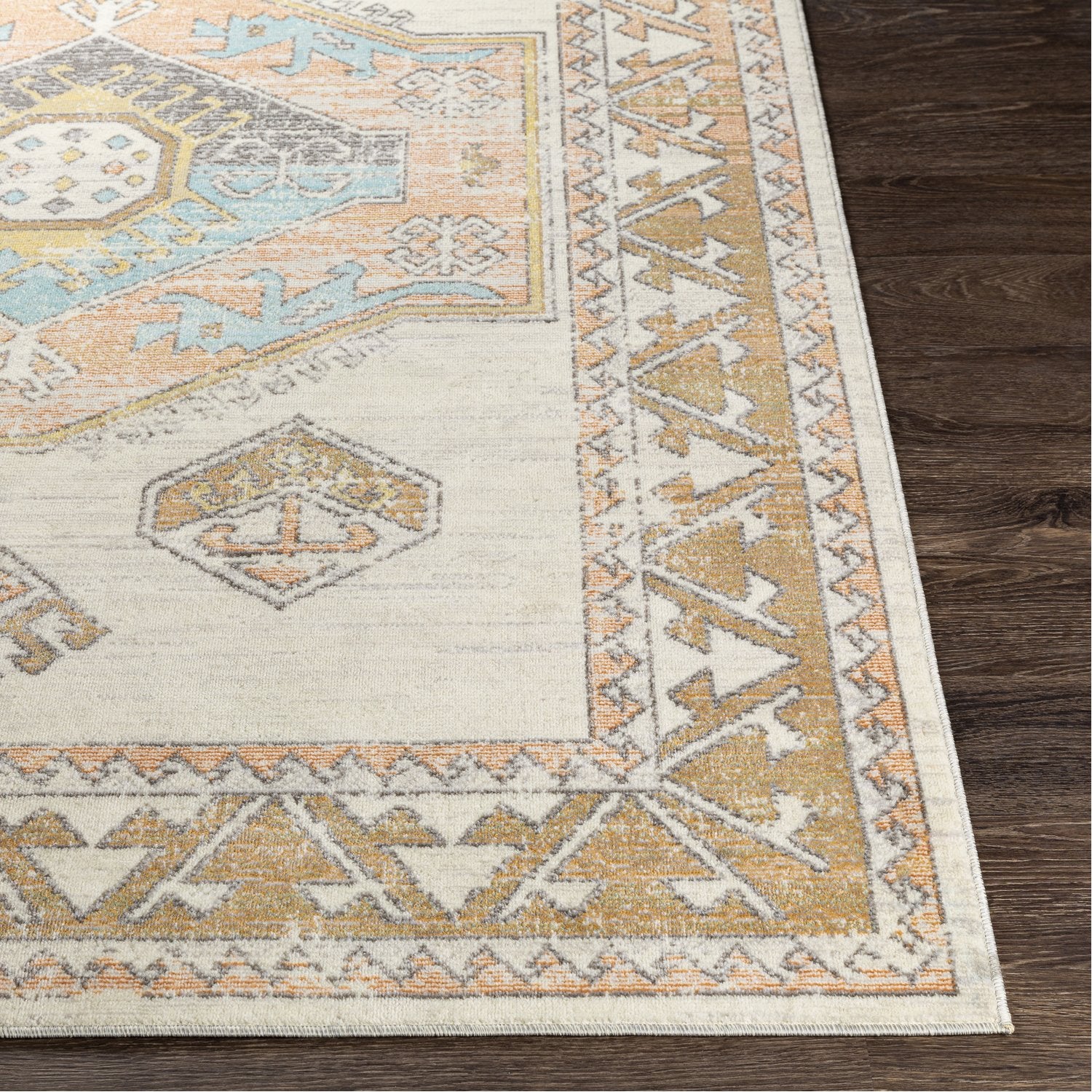 Bodrum Indoor/Outdoor Rug in Ivory, Saffron, Silver Gray, Medium Gray, Aqua, Camel, Coral