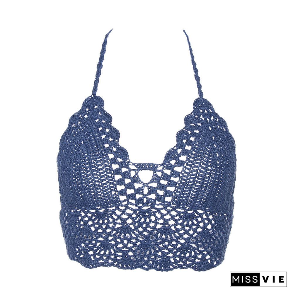 Summer Beach Crochet Bikini Tank Top Women Boho Sexy Backless Beachwear Camisoles Bikini Bralette Halter Cami Knitted Bra