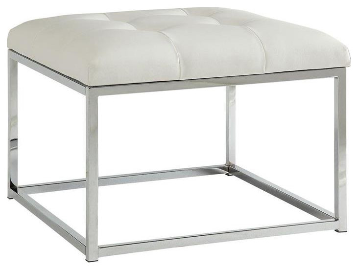 Leatherette Metal Frame Ottoman with Tufted Seating in White and Silver   Contemporary   Footstools And Ottomans   by Homesquare  Houzz