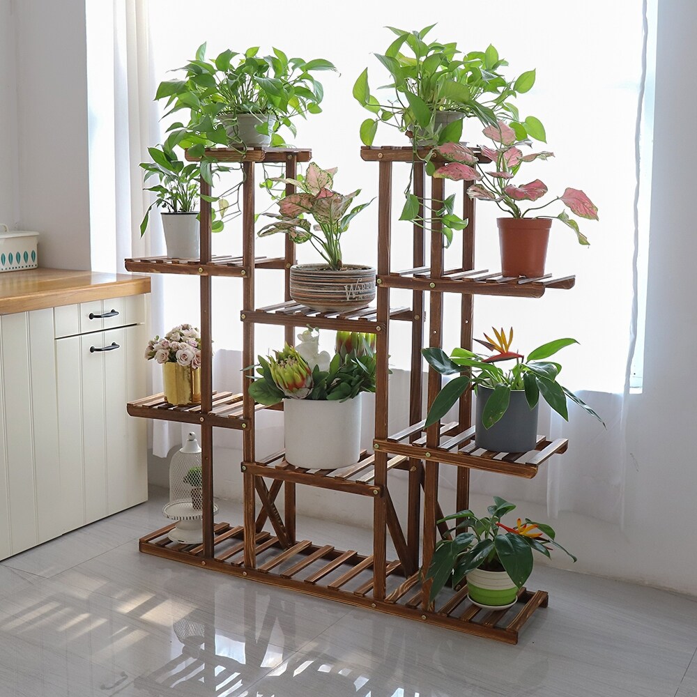 Large 11 Tiered Wood Plant Stand Carbonized Pot Shelf Holder