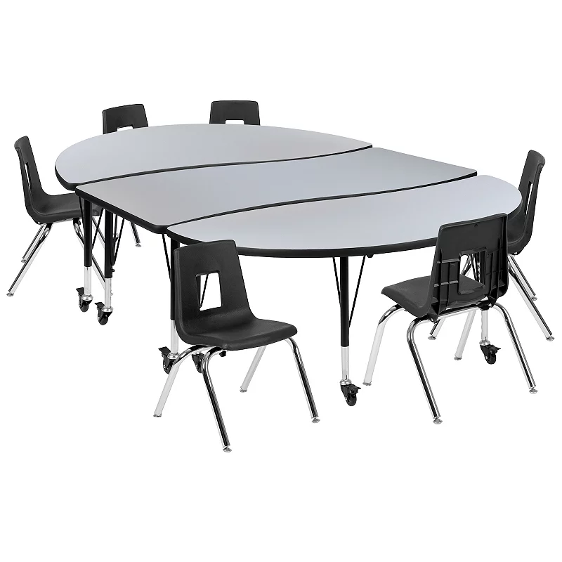 Emma and Oliver Mobile 86 Oval Wave Activity Table Set-14 Student Stack Chairs， Grey/Black