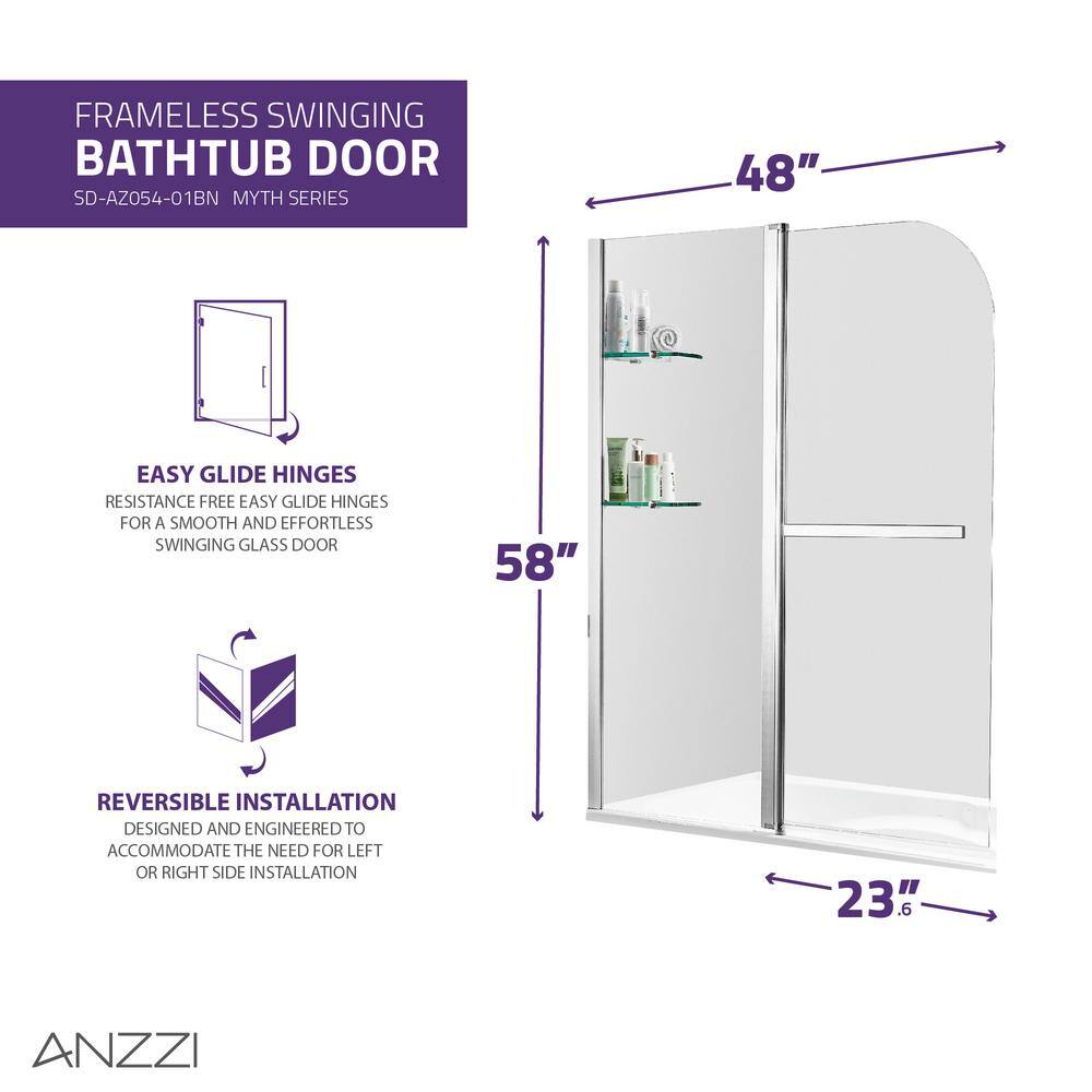 ANZZI Galleon 48 in. x 58 in. Frameless Hinged Tub Door with TSUNAMI GUARD in Brushed Nickel SD-AZ054-01BN