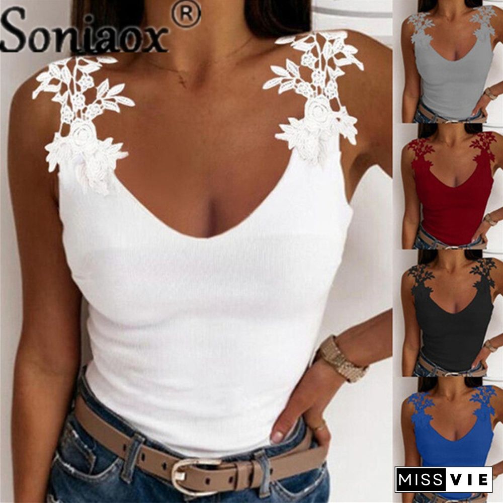 Sexy V-Neck Lace Vest Sleeveless Women Summer New Slim Casual Tees Solid Color Ladies Splice T-Shirt Tops S-5Xl