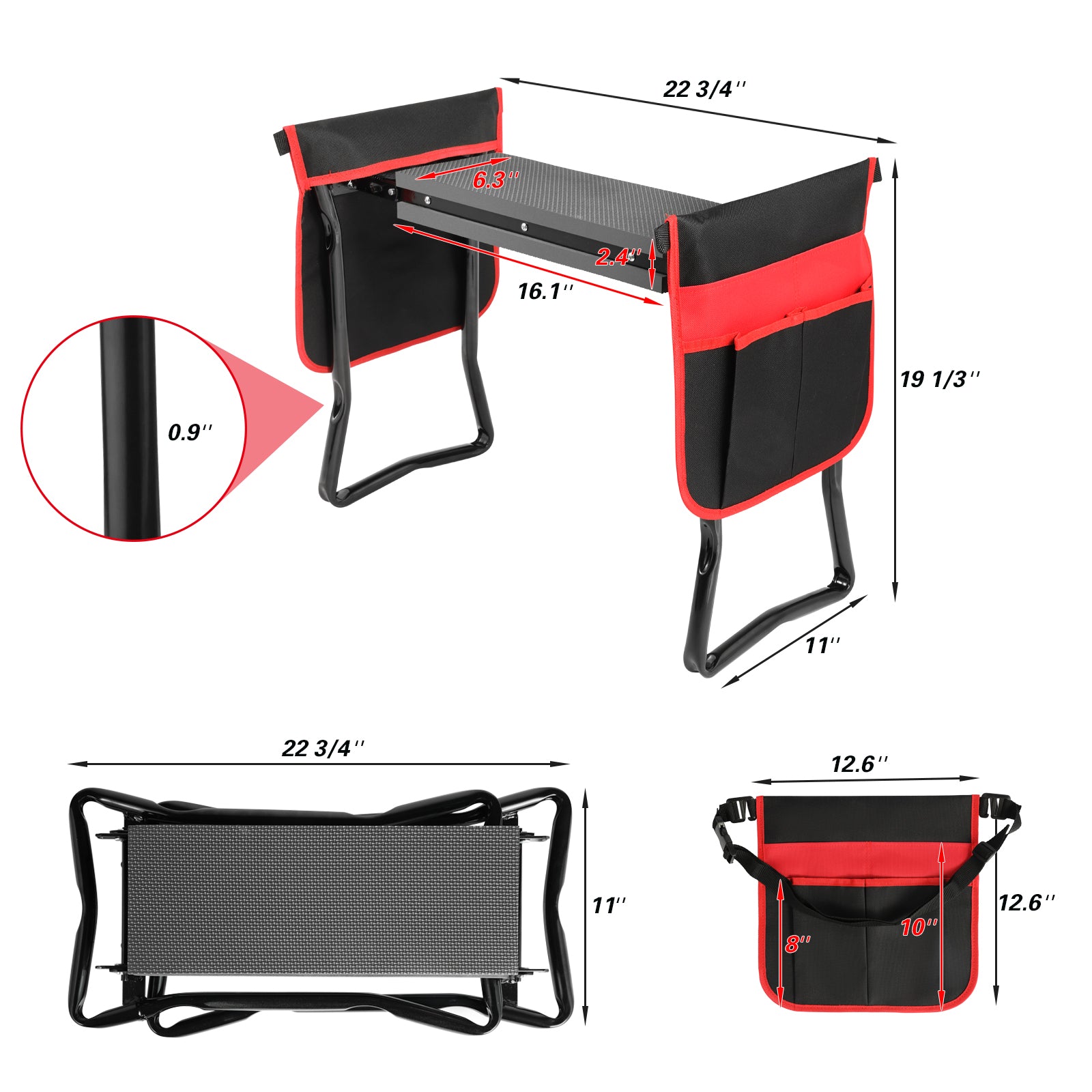 Artist Hand Black Deep Seat Garden Kneeler and Seat Folding Bench Stool w/ 2 Tool Pouche, Kneeling Pad Cushion, Detachable Belt