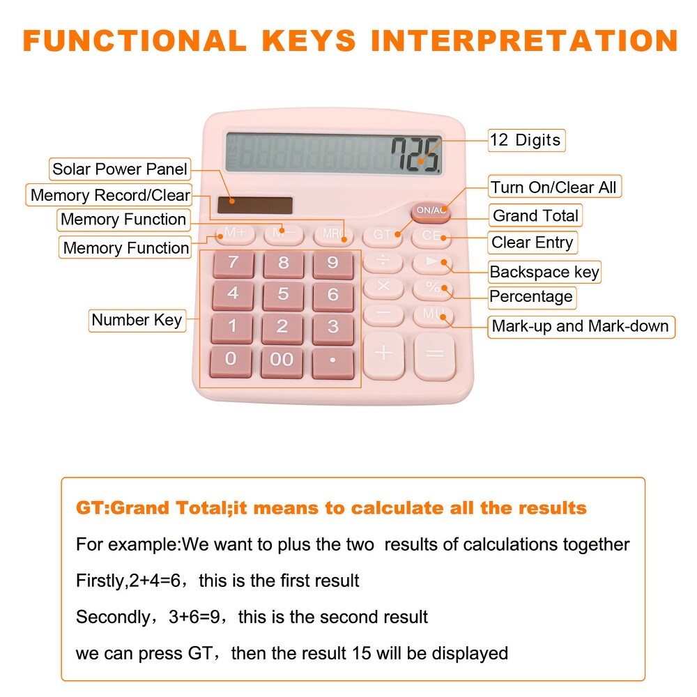 Desk Calculator 12 Digits Large LCD Display Electronic Calculator Pink