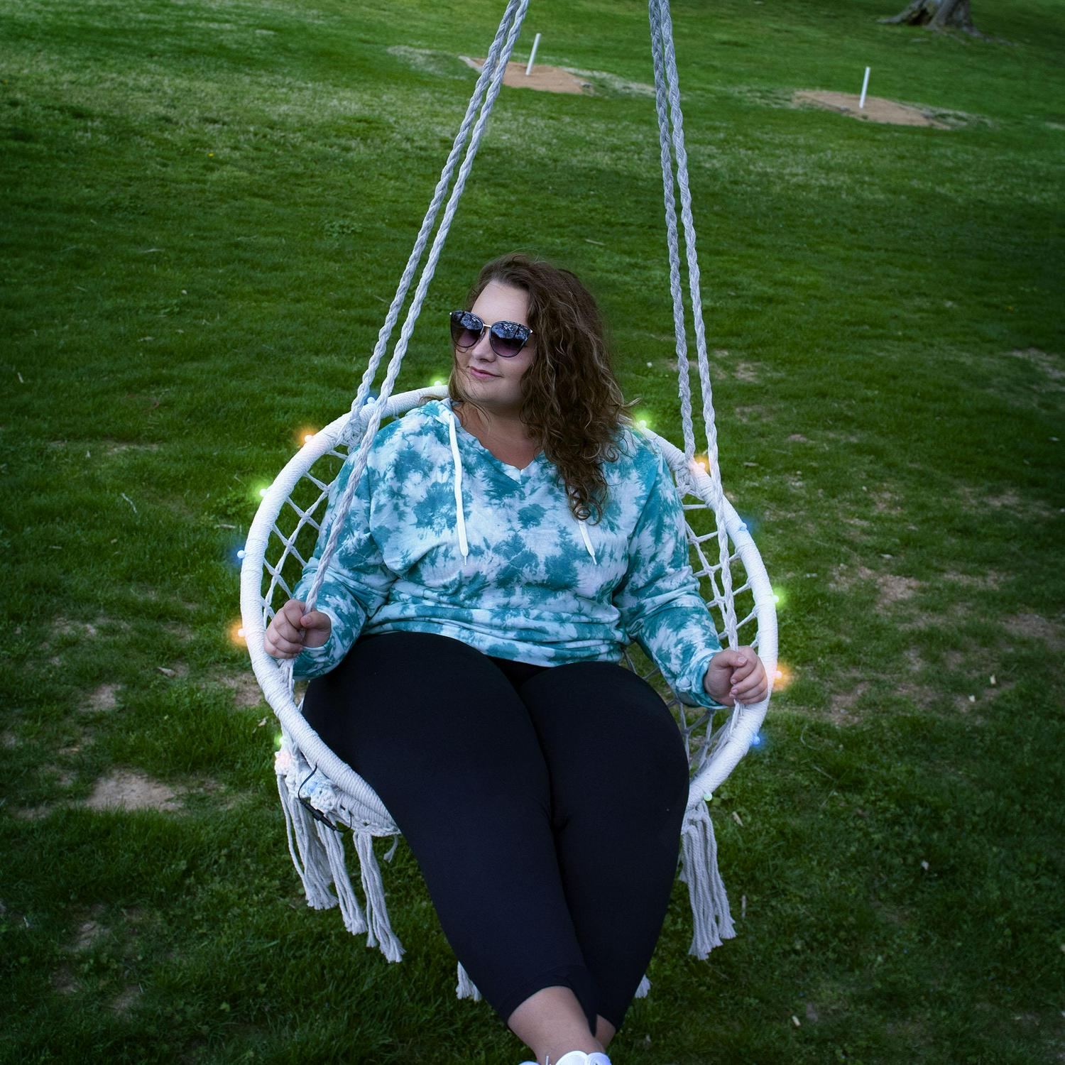 Equip Illuminated Macrame Hammock Hanging Chair Cotton Blend Cream White Multicolored Lights Size 47a L x 24a W  Crowdfused