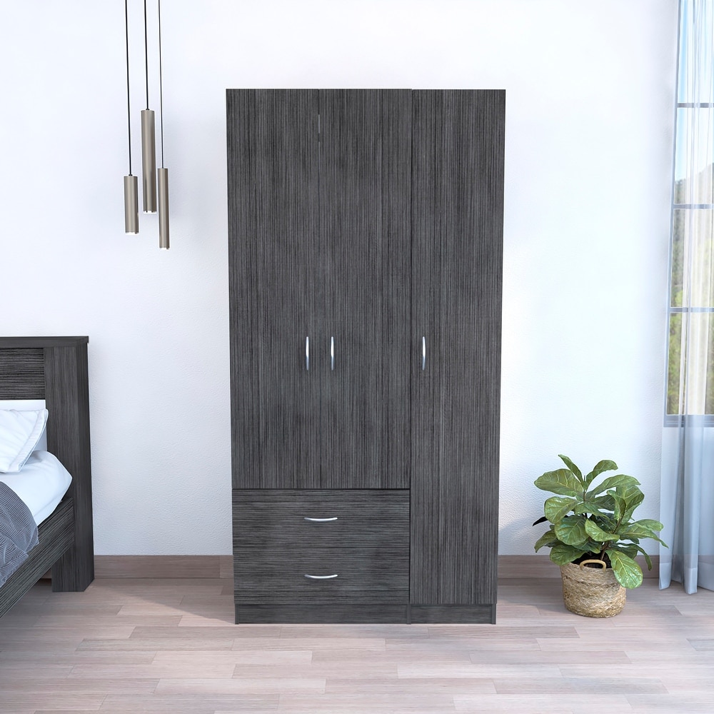 Bedroom 3 Door Armoire Cabinet with Clothing Rod and Drawer   Shelves