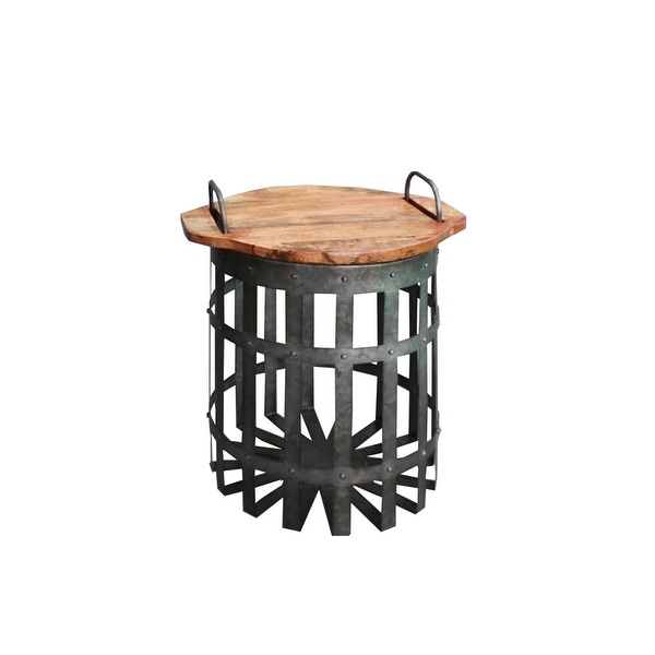 Industrial Grid Galvanized Accent End Table with Round Lid and Handles， Set of 2， Gray and Brown