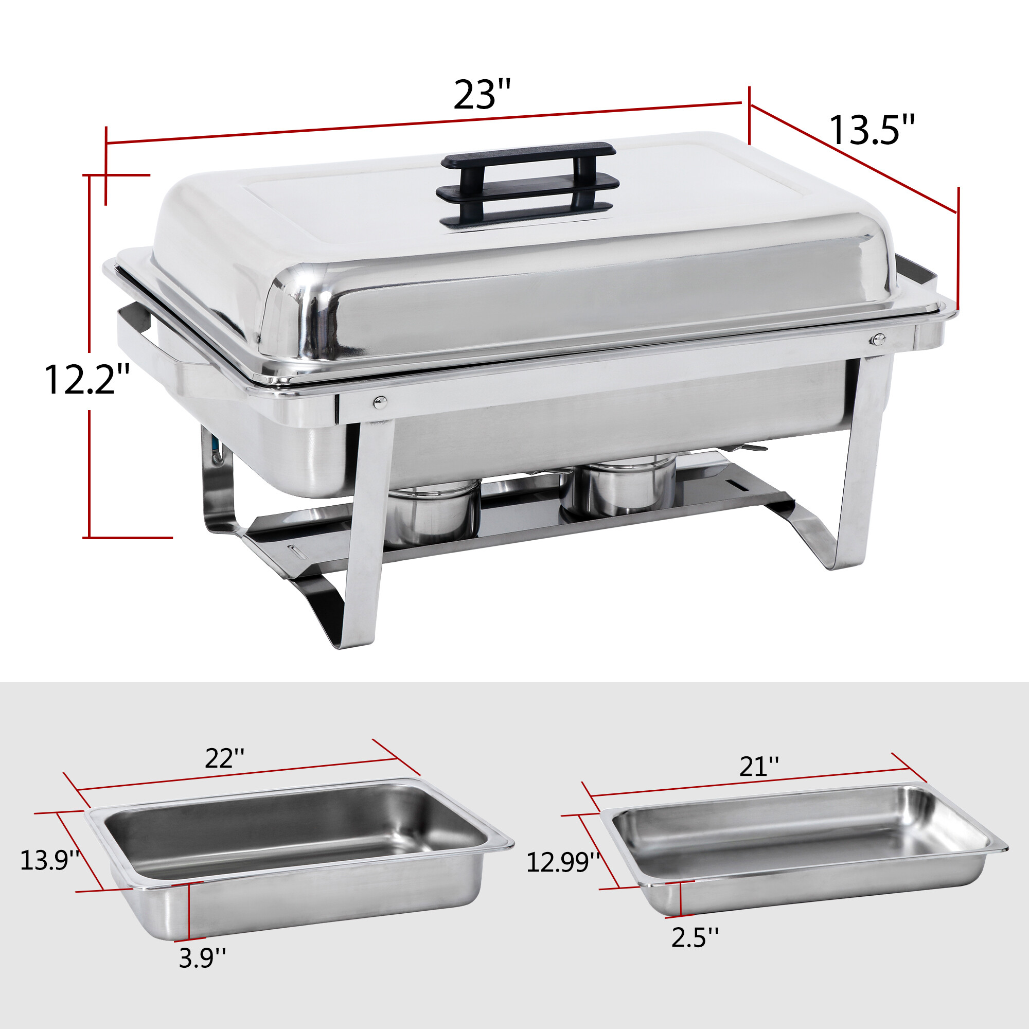 HomGarden 2 Pack Foldable 8QT Chafing Dish， Stainless Steel Buffet Chafer W/2 Fuel Holders， Silver