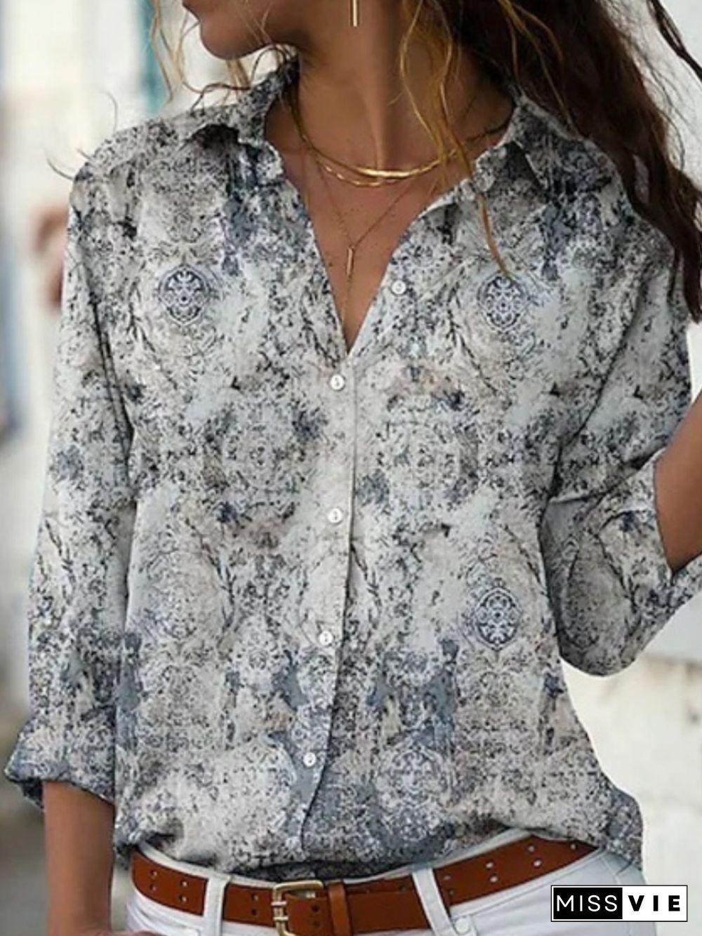 Casual Long Sleeve Shirt Collar Plus Size Printed Blouses