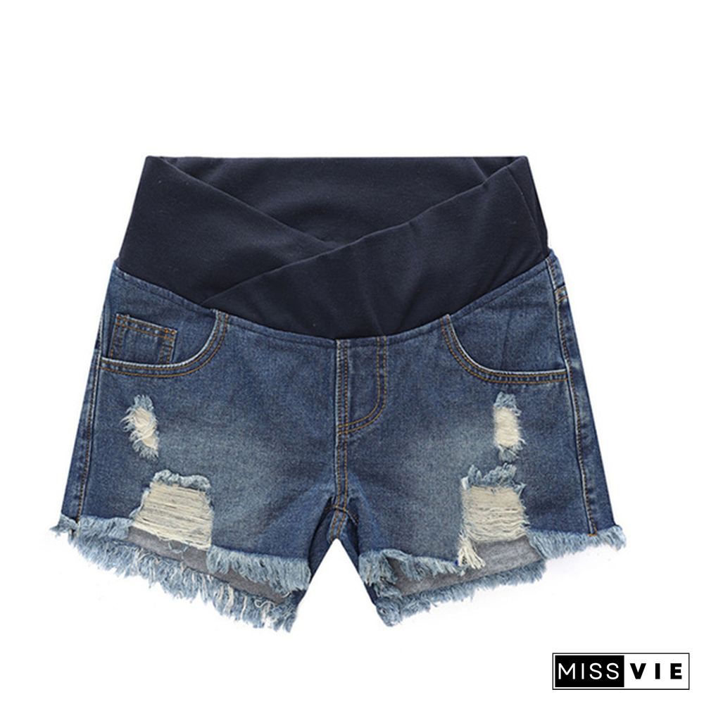 Pregnancy Women's Ripped Denim Shorts Summer Maternity Shorts Pregnant Loose Belly Elastic Jeans