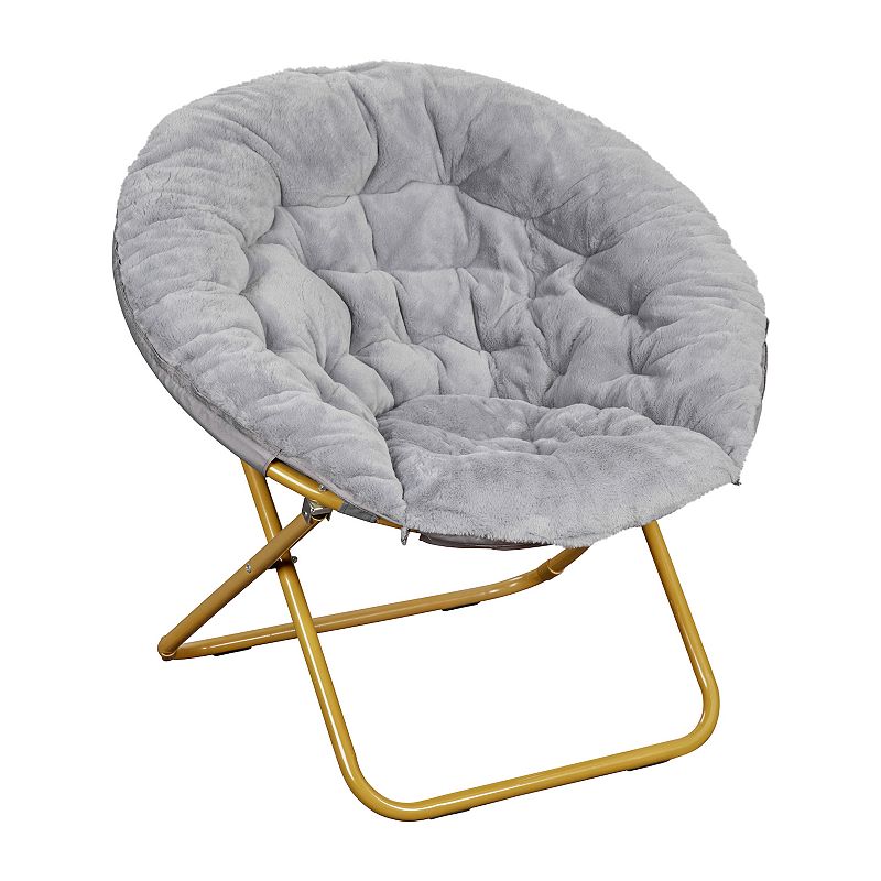 Emma and Oliver Ersa 38 Oversize Folding Saucer Chair with Cozy Faux Fur Upholstery in Gray with Soft Gold Metal Frame for Dorms， Bedrooms， Apartments and More