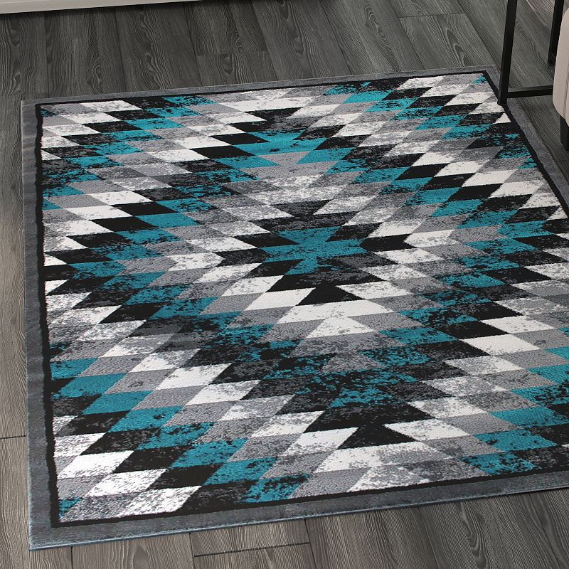 Masada Rugs Masada Rugs Stephanie Collection 4'x5' Area Rug with Distressed Southwest Native American Design 1106 in Turquoise， Gray， Black and White