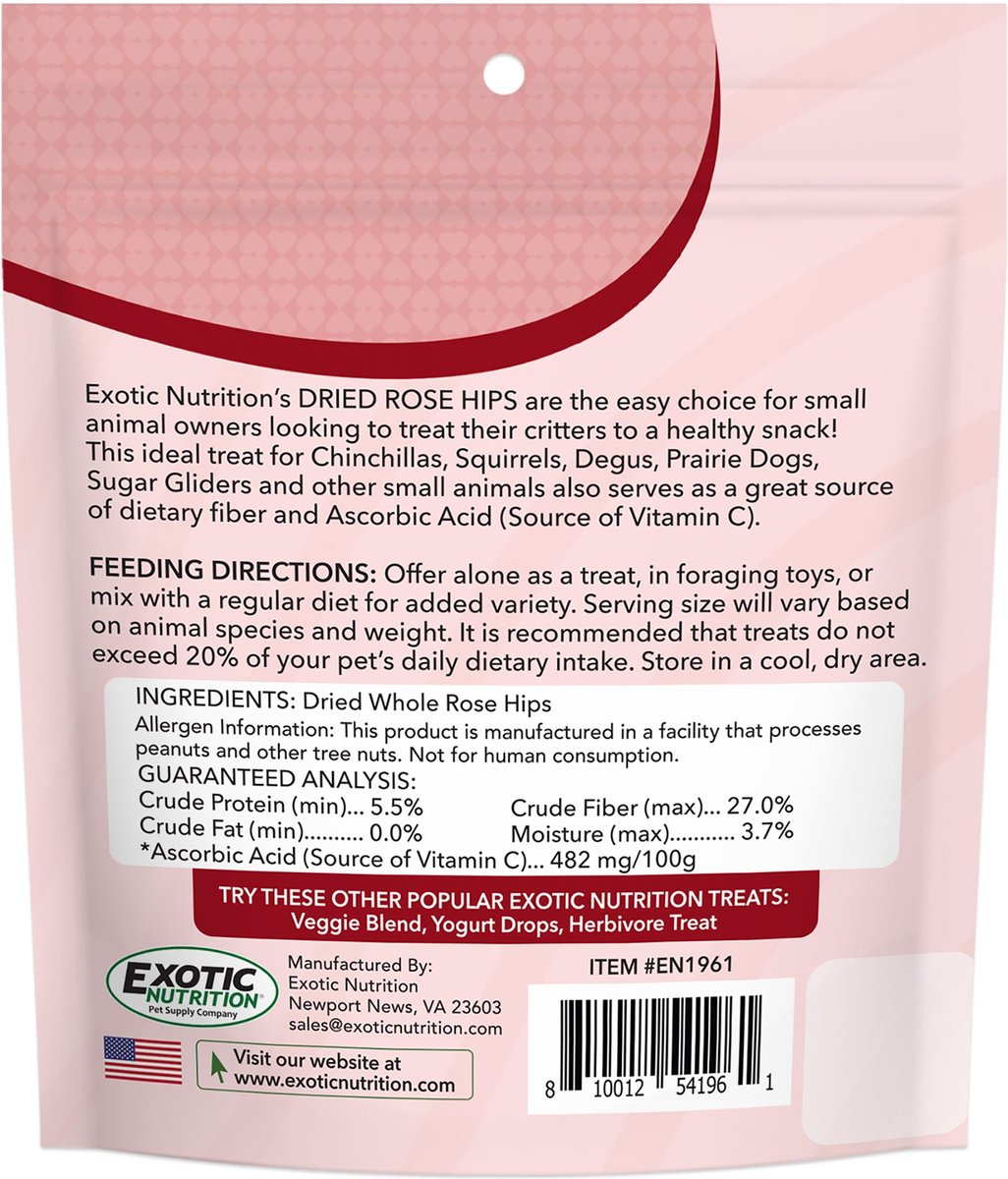 Exotic Nutrition Critter Selects Rose Hips Chinchilla Treats， 3-oz bag