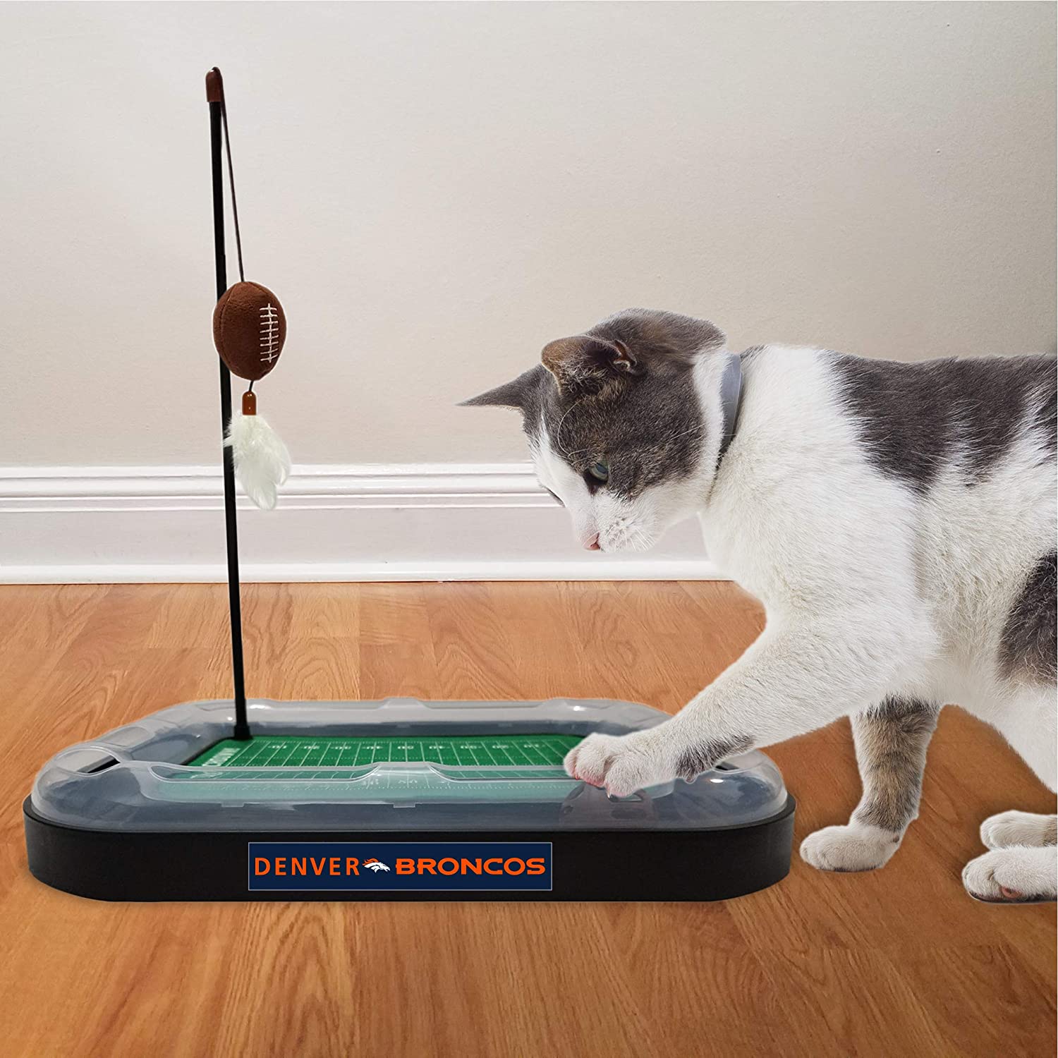 NFL Denver Broncos Cat Scratcher Toy with Catnip Plush and Feather Cat and Kitty Toy