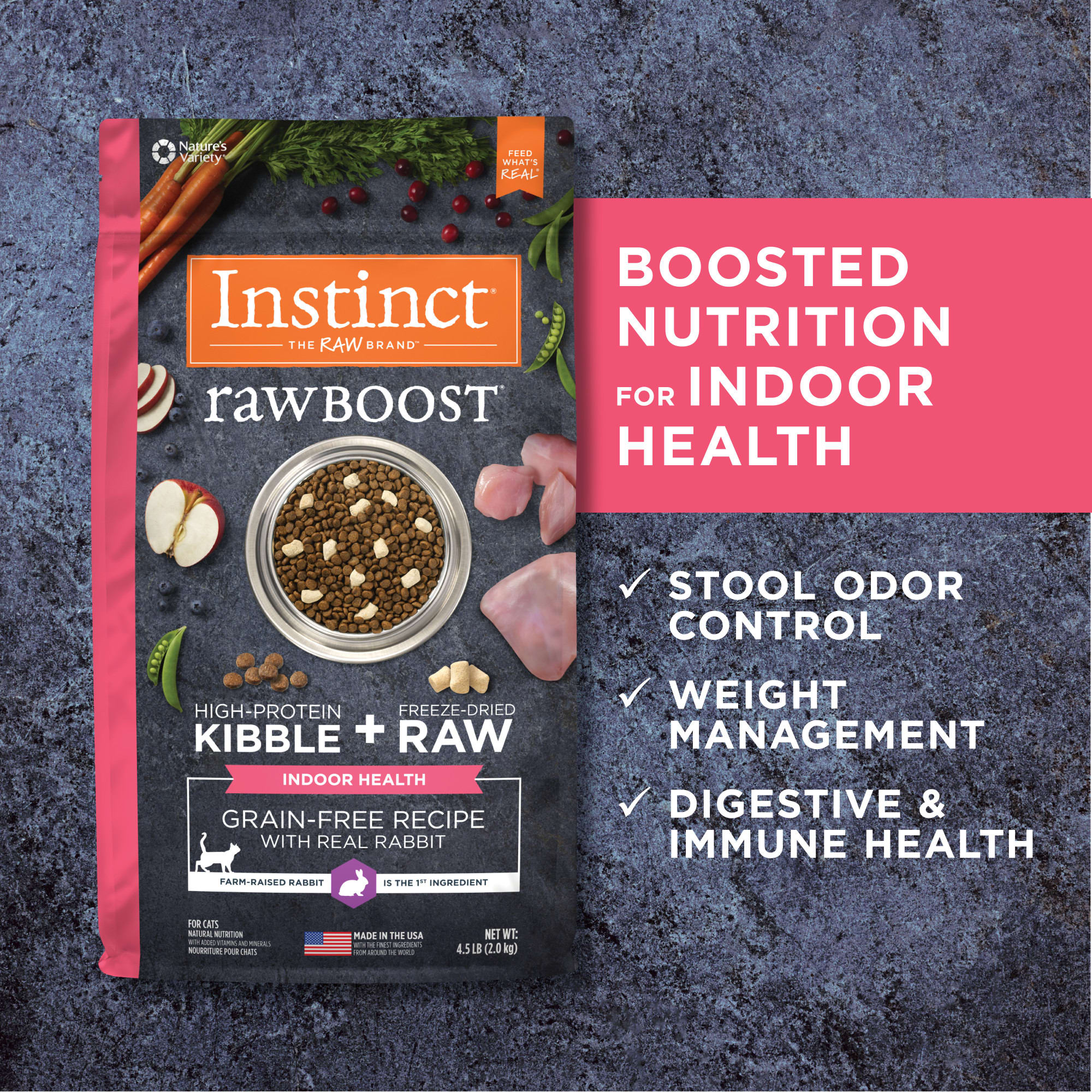 INSTINCT Raw Boost Indoor Health Grain Free Recipe with Real Rabbit Natural Dry Cat Food， 4.5 lbs.