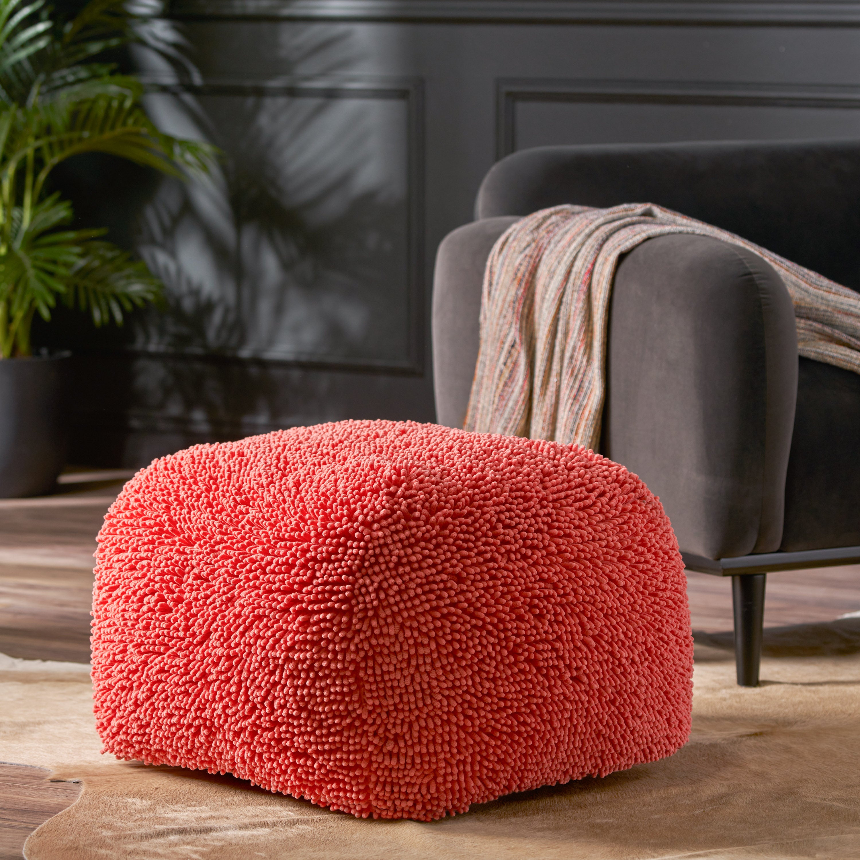 Statham Modern Microfiber Chenille Square Pouf