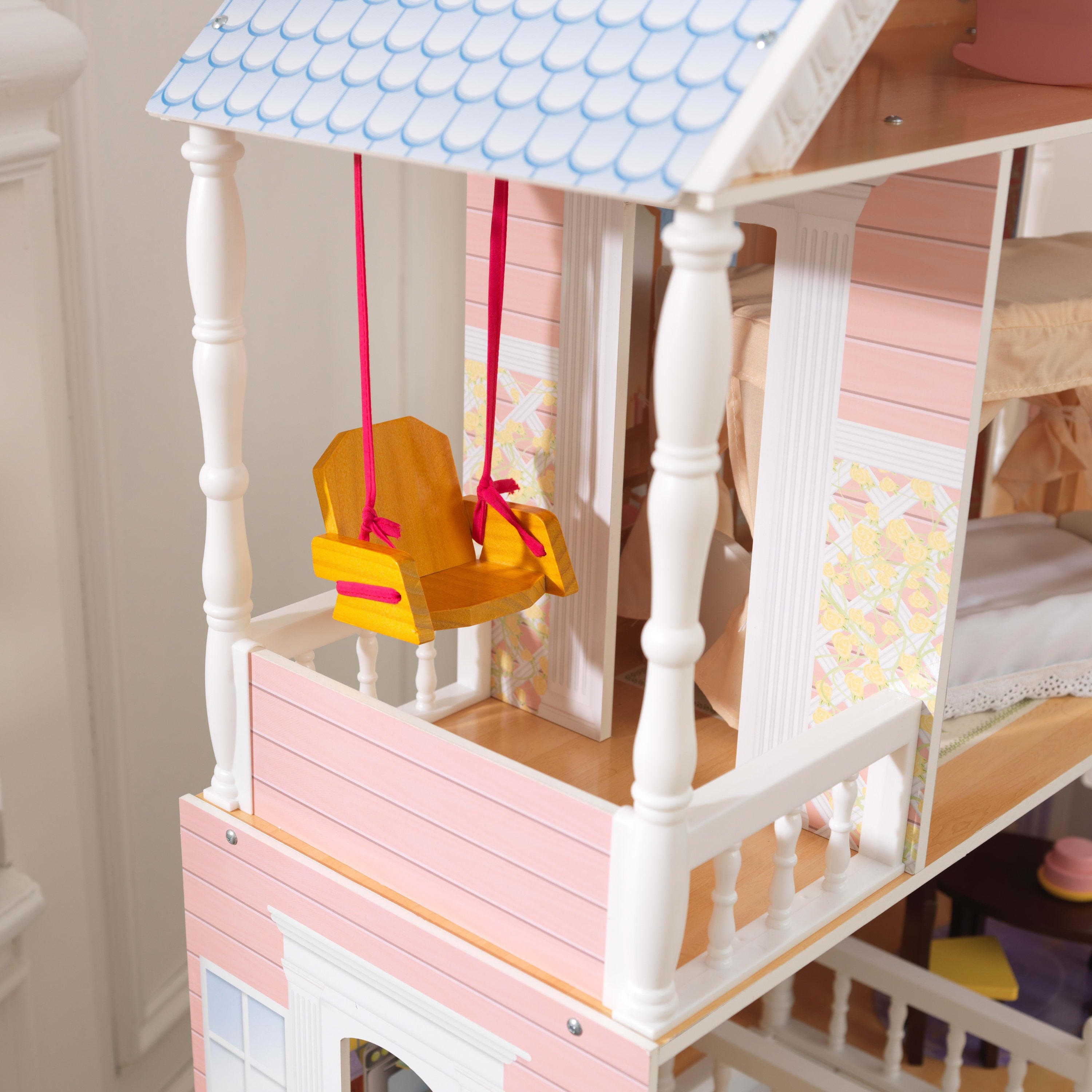 KidKraft Savannah Wooden Dollhouse， Over 4 feet Tall with Porch Swing and 14 Accessories