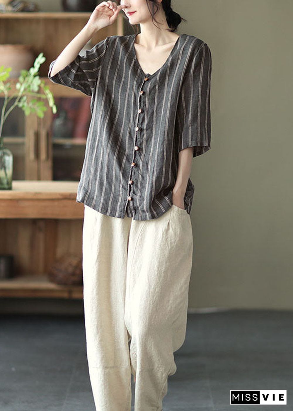 Plus Size Grey V Neck Striped Button Linen Shirts Half Sleeve