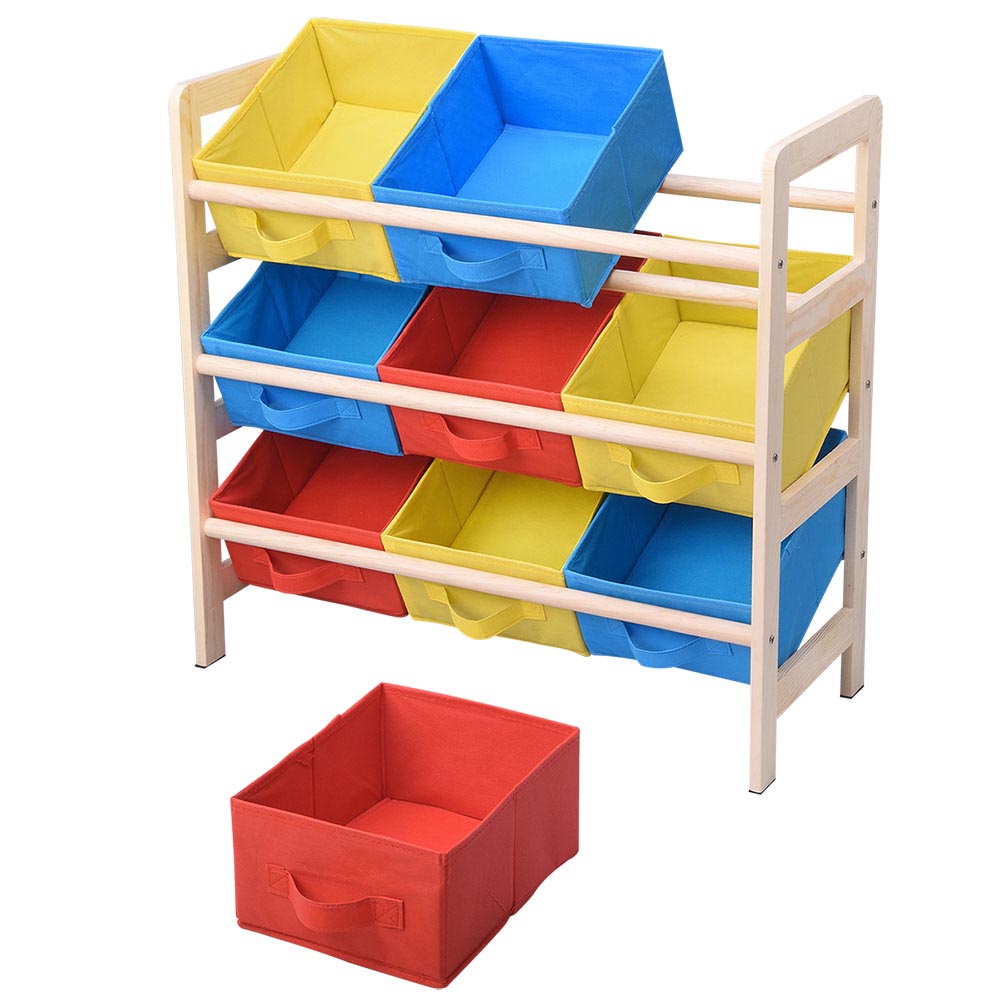 Yescom 3 Tires Kids Toys Color Organizer Wood Shelf 9-Bin Storage